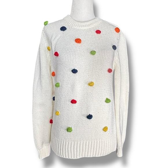 ModCloth Sweaters - ModCloth White Knit Sweater Multicolor Rainbow Pom Poms Polka Dot Crewneck
